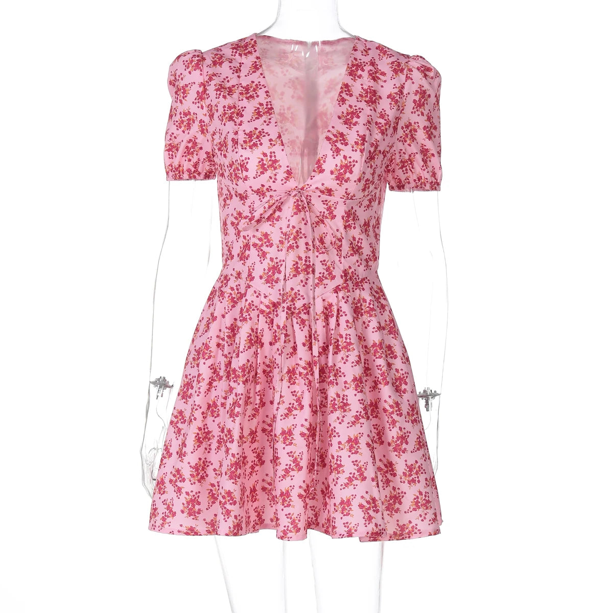 Hugcitar 2025 Floral Print V Neck Short Sleeve Lace Up Zip Up Sexy Slim Pleated Mini Dress Summer Elegant Outfits Party Vacation