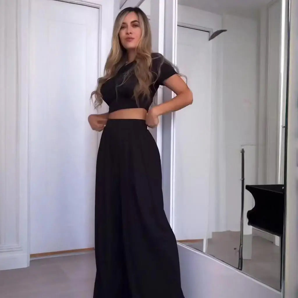 2025 Summer European and American Crew Neck Solid Color Sexy Wide-leg Pants Fashion Casual Set for Women