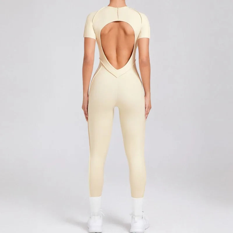 Seamless Yoga Jumpsuits Sports Fitness Hip-lifting Backless Short-sleeved One-piece Workout Gym Leggings Tracksuits for Women