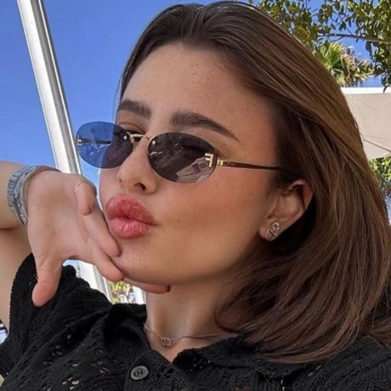 Diamond Letter "F" Rimless Sunglasses Women Luxury Brand Metal Frame Black Small Oval Sun Glasses Unsiex Elegant Shades UV400