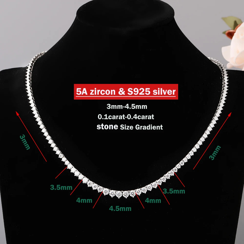 3-5mm Size Gradient Full Moissanite Diamond Tennis Necklace with Certificate 100% S925 Silver Choker Riviera Necklace for Women