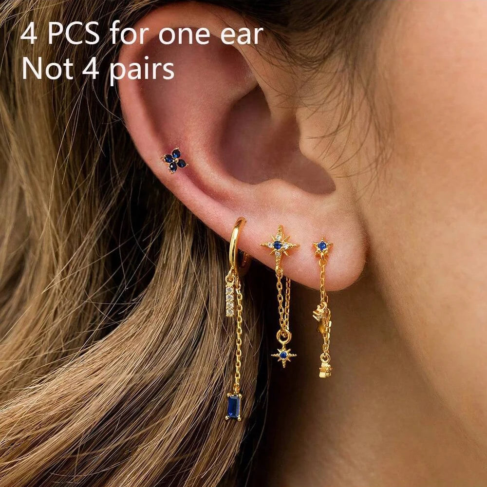 4pcs Korean Stainless Steel Zircon Water Drop Piercing Earrings Set For Women Simple Huggie Square Hoop Earring Fashion Jewelry