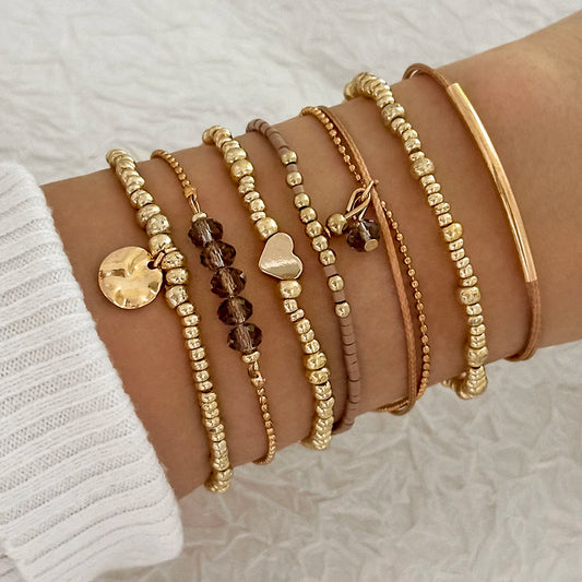 7Pcs/Set Bohemian Style Heart Beads Round Pendant Adjustable String Beads Bracelet CCB Elastic Bracelet Set For Women