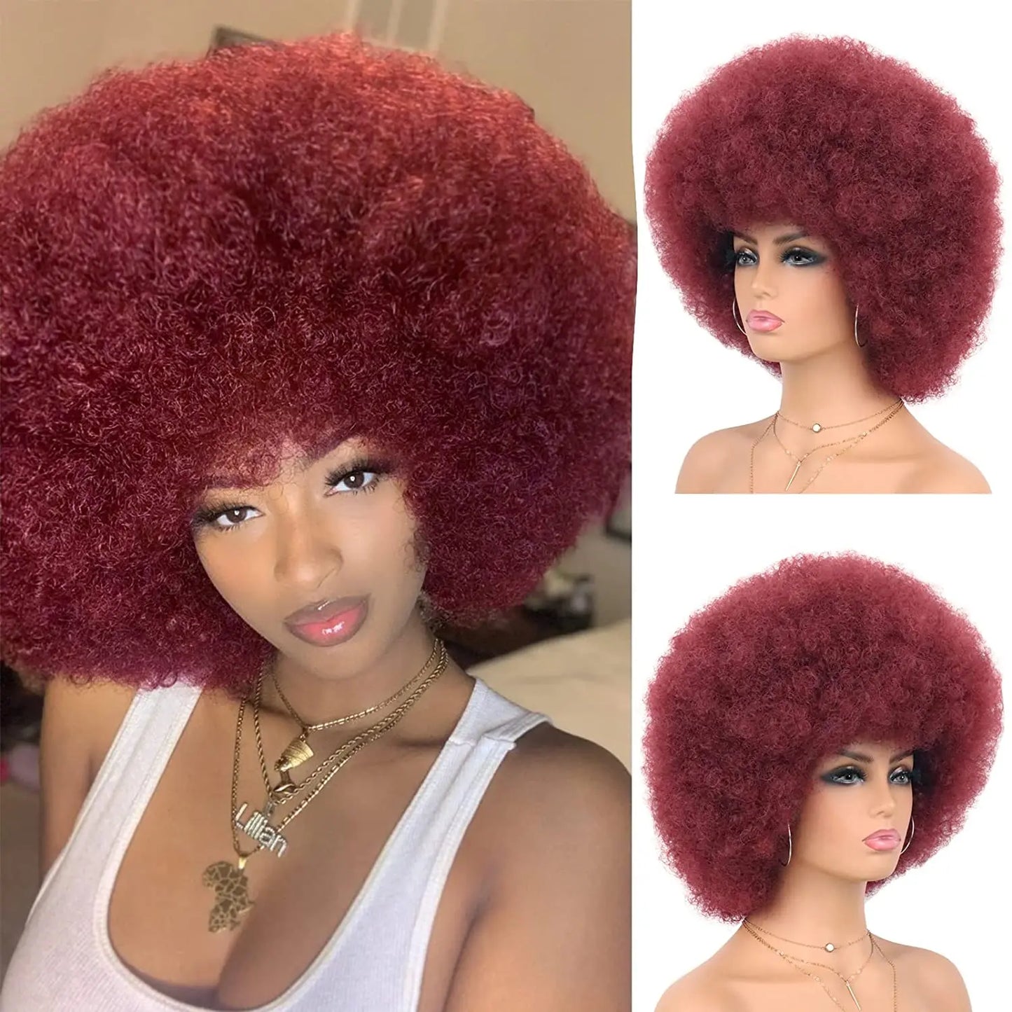Synthetic Hair Afro Kinky Curly Blonde Wig For Women Mix Brown 70s Machine Made Huge With Bangs Short Bouncy For Daily Party Use