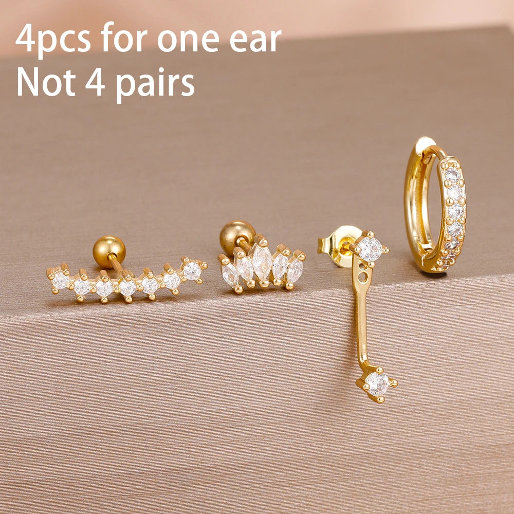 4pcs Korean Stainless Steel Zircon Water Drop Piercing Earrings Set For Women Simple Huggie Square Hoop Earring Fashion Jewelry