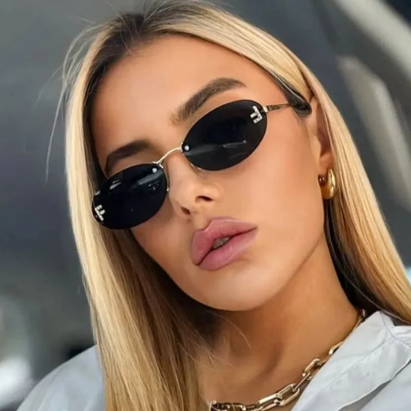 Diamond Letter "F" Rimless Sunglasses Women Luxury Brand Metal Frame Black Small Oval Sun Glasses Unsiex Elegant Shades UV400