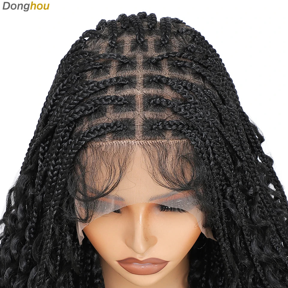 Boho Goddess Box Braid Wig with Baby Hair Lace Front Braided Wigs for Women Brown Hair Synthetic Blended Braids Wig Curly Hair