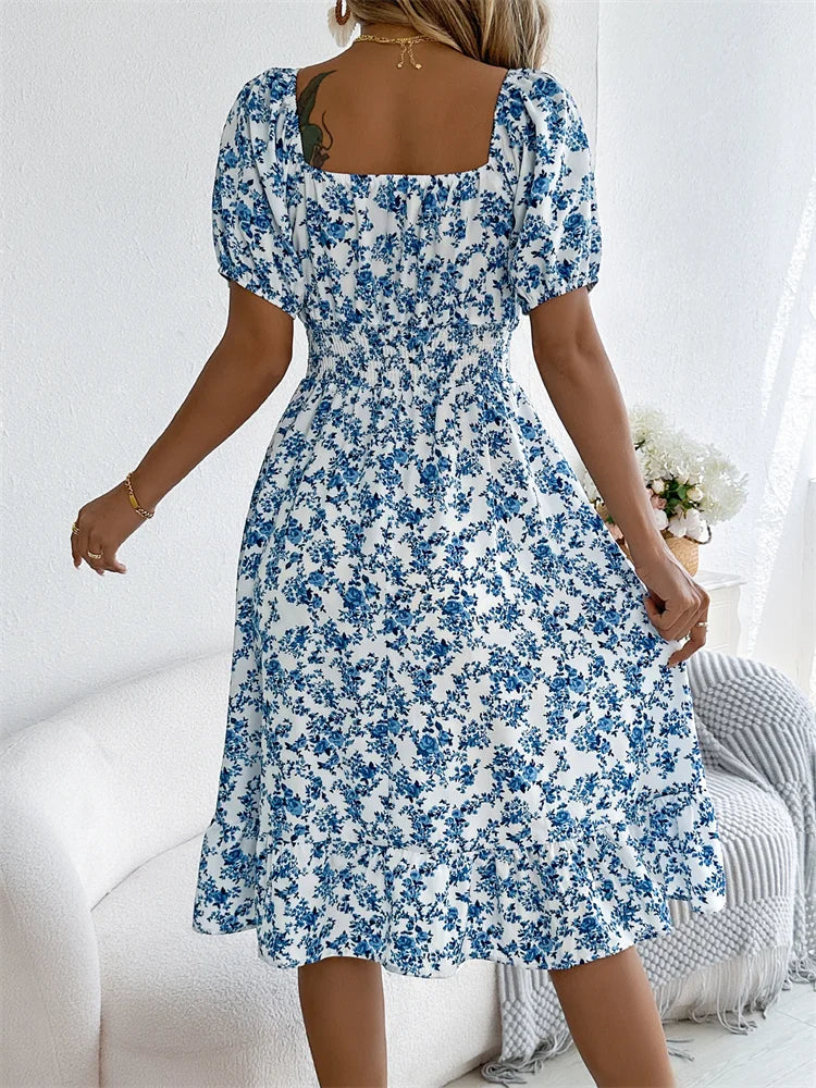 Spring Summer Square Collar Floral Mid-Length Dress Women's Casual Print A-Line Dress