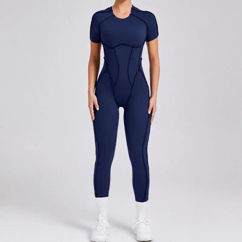 Seamless Yoga Jumpsuits Sports Fitness Hip-lifting Backless Short-sleeved One-piece Workout Gym Leggings Tracksuits for Women