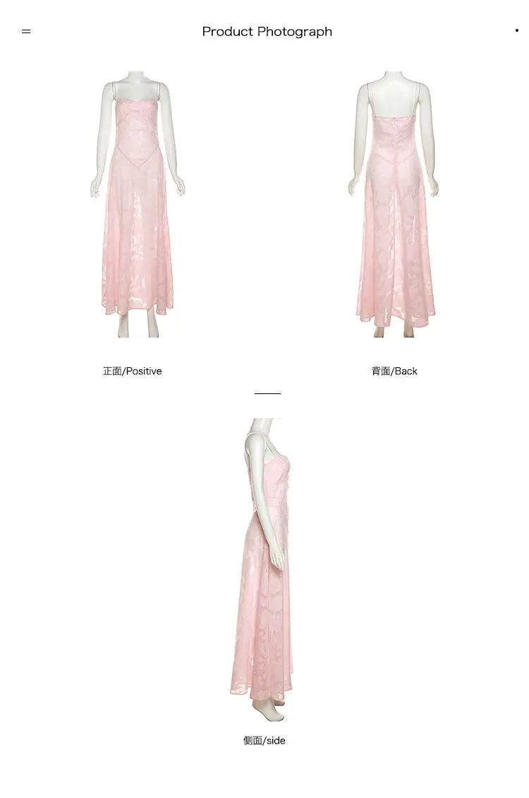 Laxsesu French romantic atmosphere pink jacquard camisole dress for women - elegant lightweight slim-fit hot girl maxi dress