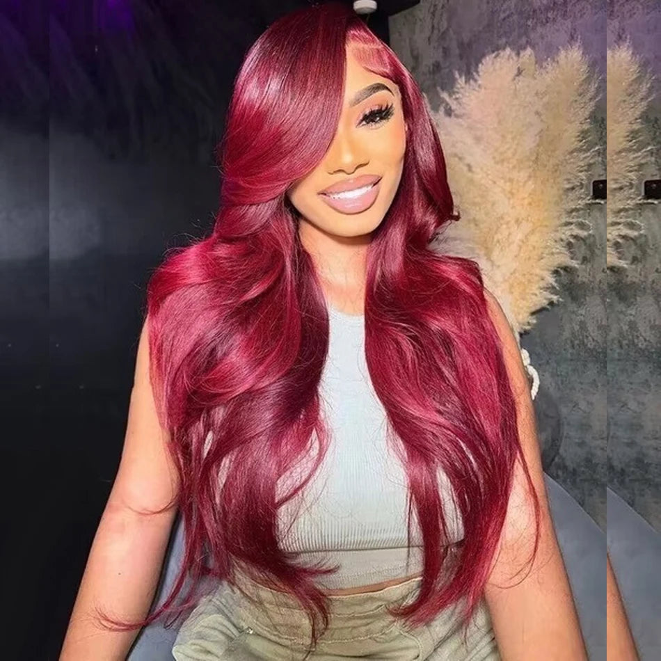 13x6 HD Lace Front Wig Human Hair Wigs 99J Red Burgundy Colored HD Transparent Pre Plucked Lace Frontal Human Hair Wigs Straight