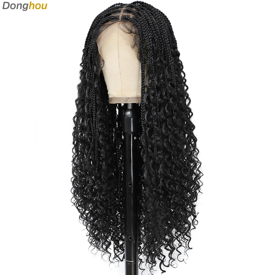 Donghou 24” Boho Box Braid Wigs Embroidery Bohemian Braids Wigs Knotless Square Part Braided Lace Wig Pre Plucked with Baby Hair