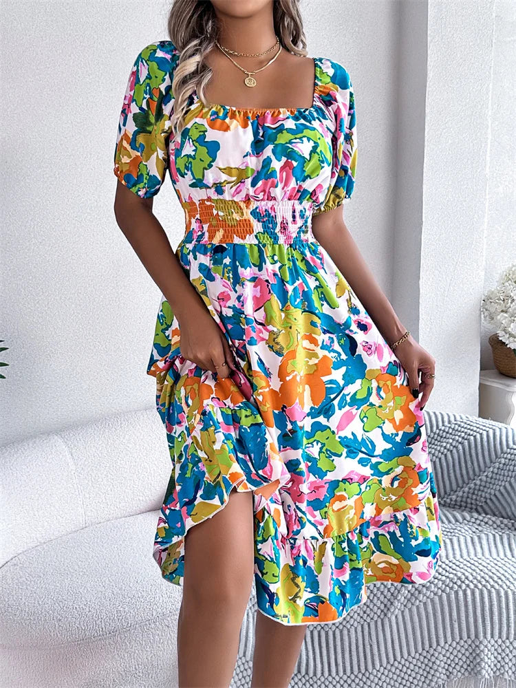 Spring Summer Square Collar Floral Mid-Length Dress Women's Casual Print A-Line Dress