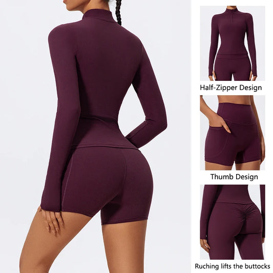 Hearuisavy Half Zipper Yoga Suit Outdoor Workout Clothing Casual Gym Set Women Flared Pants 2Pcs Sports Long Sleeves Shirt Suit