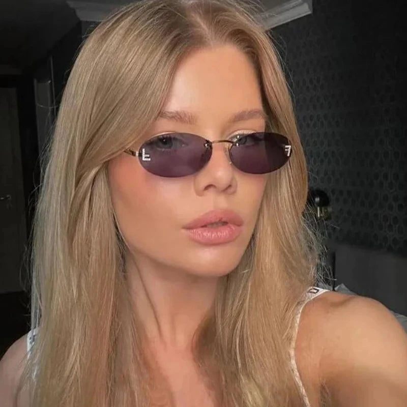 Diamond Letter "F" Rimless Sunglasses Women Luxury Brand Metal Frame Black Small Oval Sun Glasses Unsiex Elegant Shades UV400