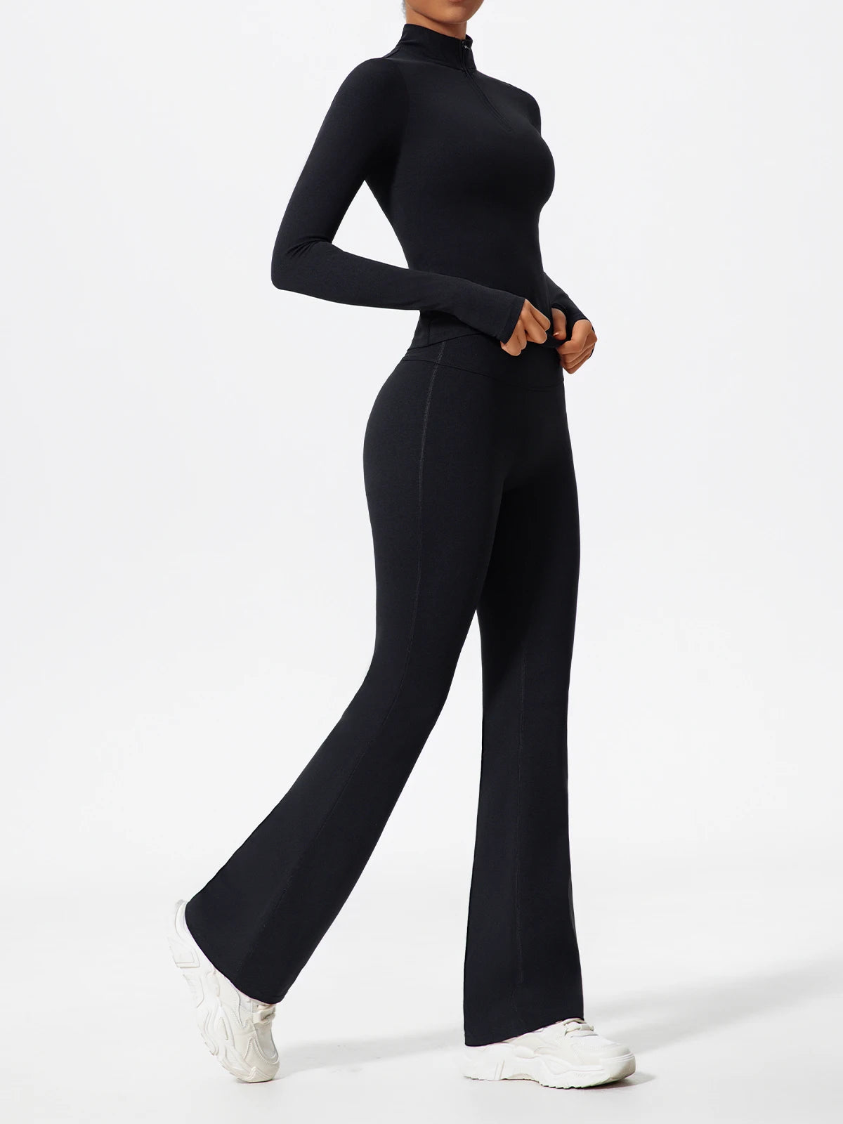 Hearuisavy Half Zipper Yoga Suit Outdoor Workout Clothing Casual Gym Set Women Flared Pants 2Pcs Sports Long Sleeves Shirt Suit