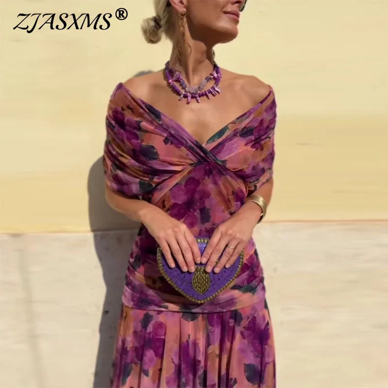 Elegant Woman Clothing Boho Floral Print High Waist Pleated Dress New Low Chest Batwing Sleeve Swing Party Cocktail A-Line Dress