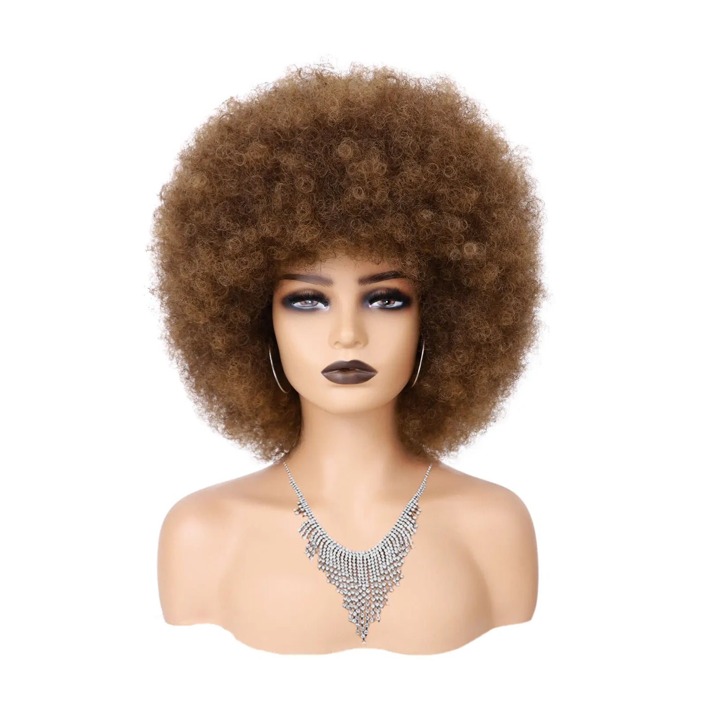 Synthetic Hair Afro Kinky Curly Blonde Wig For Women Mix Brown 70s Machine Made Huge With Bangs Short Bouncy For Daily Party Use