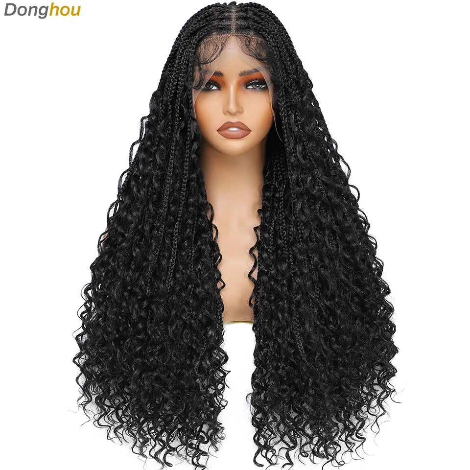 Donghou 24” Boho Box Braid Wigs Embroidery Bohemian Braids Wigs Knotless Square Part Braided Lace Wig Pre Plucked with Baby Hair
