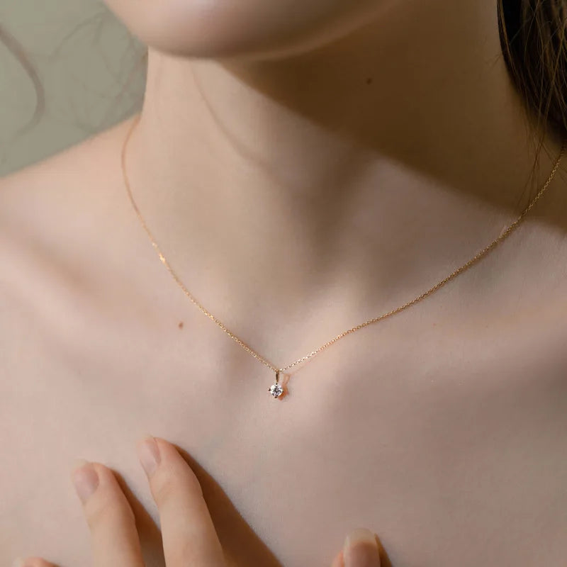 925 Sterling Silver Plated 14k Necklace Classic Four-Claw Single Zircon Clavicle Chain for Women Small Exquisite Wedding Jewelry