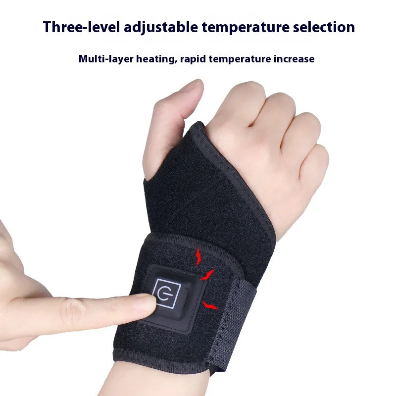 Electrically heated wrist brace with adjustable and breathable black strap for sports and hand joint protection tools