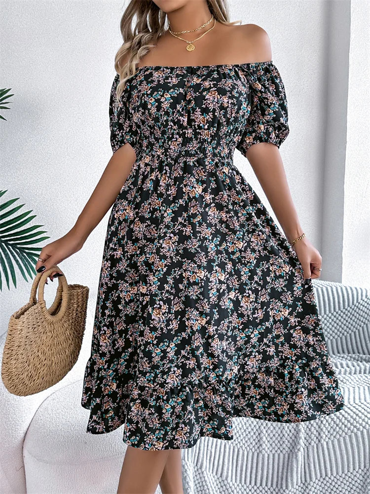 Spring Summer Square Collar Floral Mid-Length Dress Women's Casual Print A-Line Dress