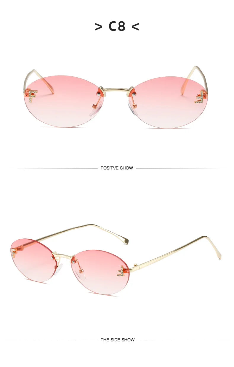 Diamond Letter "F" Rimless Sunglasses Women Luxury Brand Metal Frame Black Small Oval Sun Glasses Unsiex Elegant Shades UV400