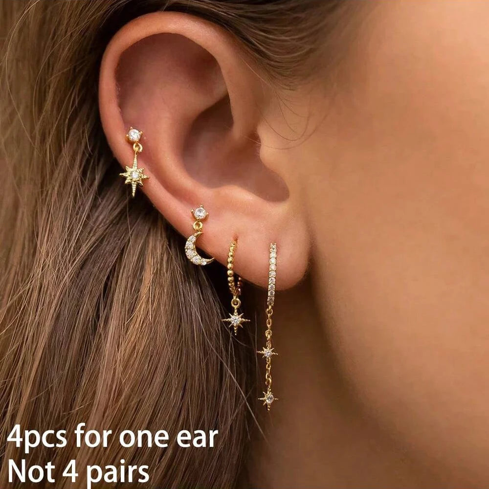 4pcs Korean Stainless Steel Zircon Water Drop Piercing Earrings Set For Women Simple Huggie Square Hoop Earring Fashion Jewelry