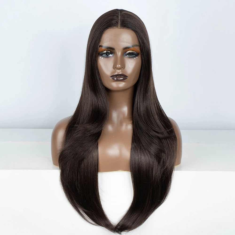 Synthetic Lace Front Wig 28" Straight Ombre Chocolate Brown lace Wig Cosplay part Wig  For Women Lace Wig synthetic Lace Wig