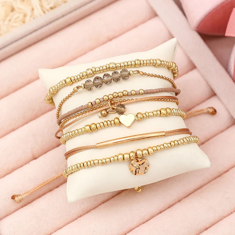 7Pcs/Set Bohemian Style Heart Beads Round Pendant Adjustable String Beads Bracelet CCB Elastic Bracelet Set For Women