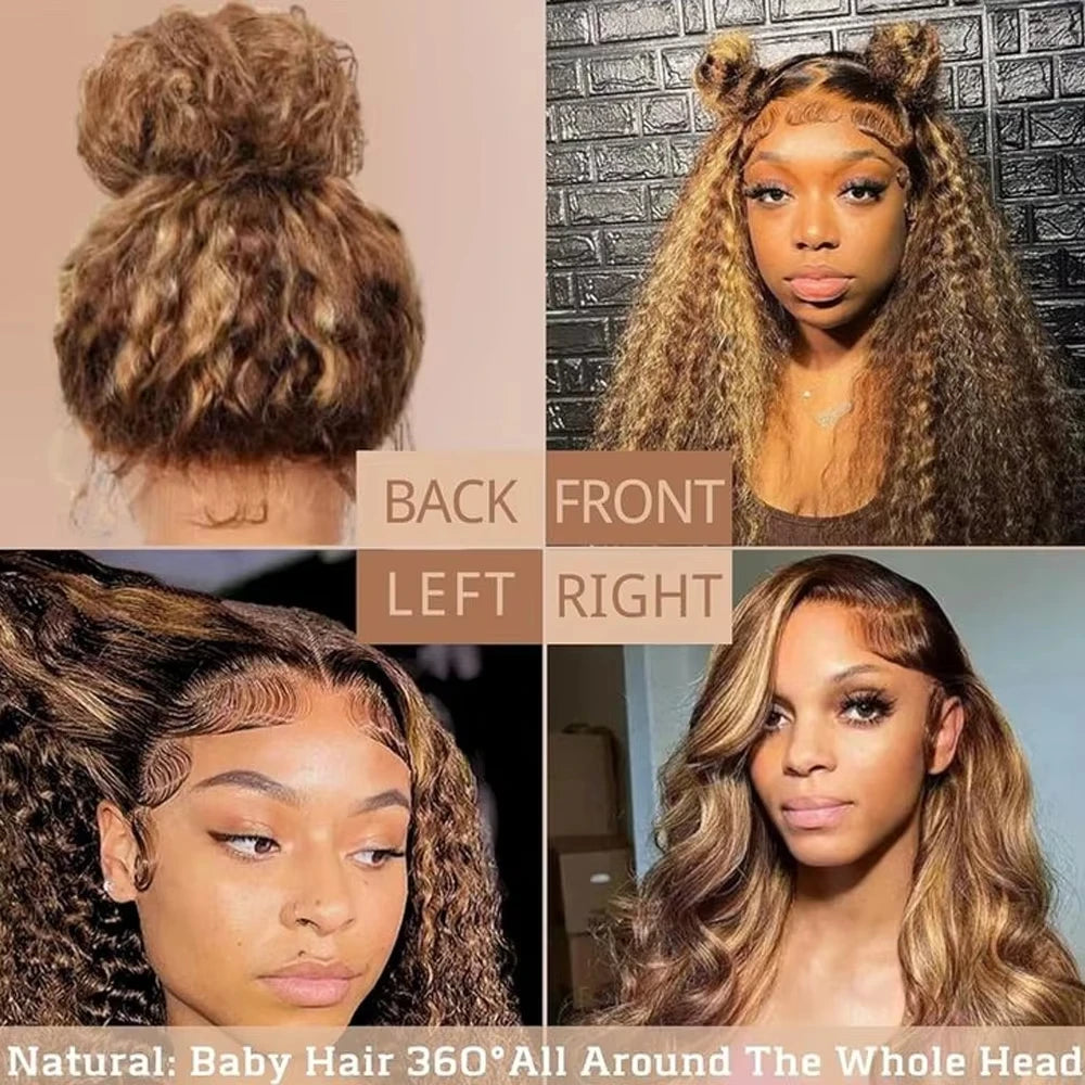 Water Wave 30 Inch Invisible Strap 360 Full Lace Front Wig Honey Blonde Highlight Deep Wave Frontal Wig Glueless Wig Human Hair