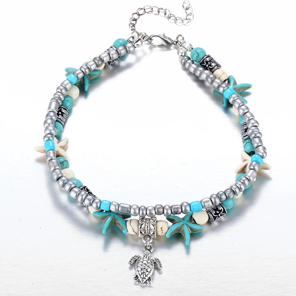 Boho Summer Beach Anklets For Women Turtle Shell Starfish Tree of Life Elephant Ankle Bracelet Multilayer Chain On Foot Jewelry