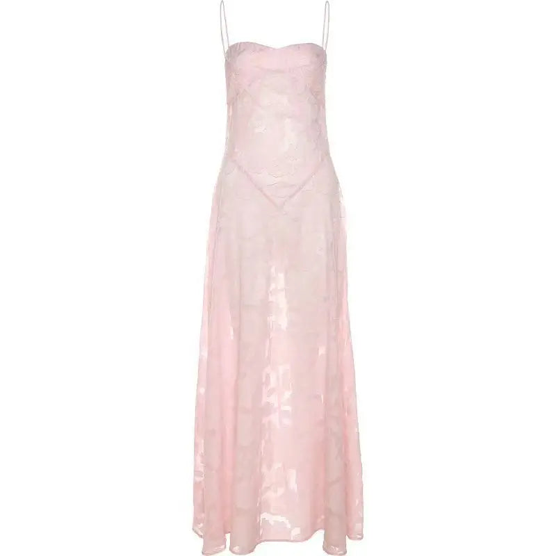 Laxsesu French romantic atmosphere pink jacquard camisole dress for women - elegant lightweight slim-fit hot girl maxi dress