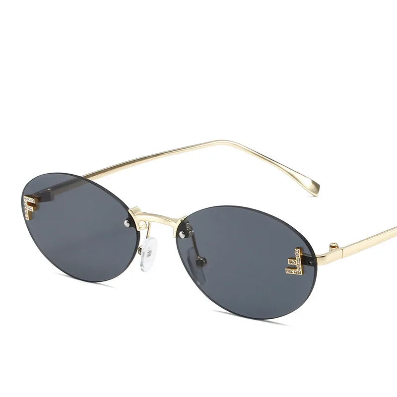 Diamond Letter "F" Rimless Sunglasses Women Luxury Brand Metal Frame Black Small Oval Sun Glasses Unsiex Elegant Shades UV400