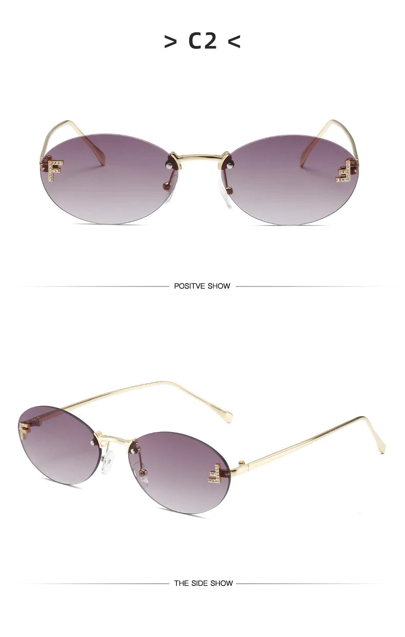Diamond Letter "F" Rimless Sunglasses Women Luxury Brand Metal Frame Black Small Oval Sun Glasses Unsiex Elegant Shades UV400
