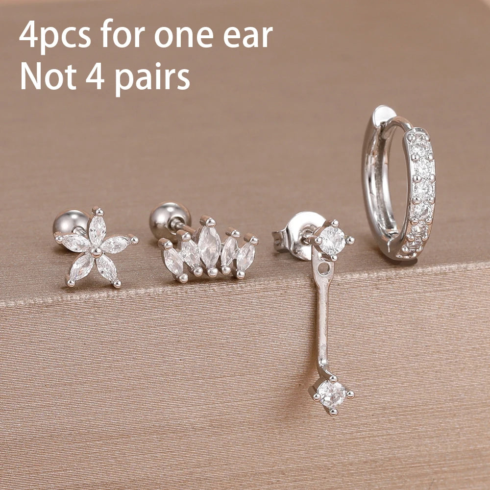 4pcs Korean Stainless Steel Zircon Water Drop Piercing Earrings Set For Women Simple Huggie Square Hoop Earring Fashion Jewelry