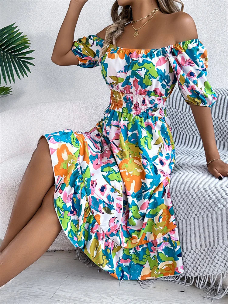 Spring Summer Square Collar Floral Mid-Length Dress Women's Casual Print A-Line Dress