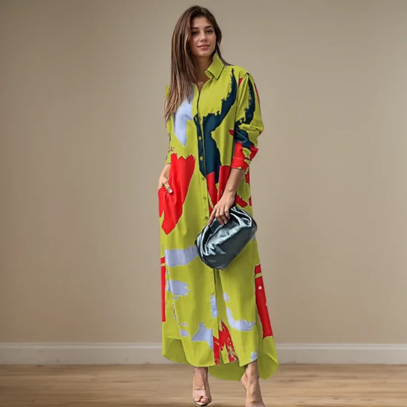 Fashion Sexy Side Split Turn Down Collar Shirt Long Dress Elegant Temperament Printed Long Sleeve Pocket Single Breasted Dress