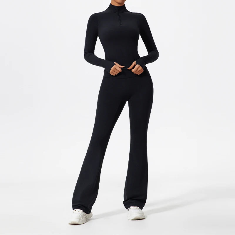 Hearuisavy Half Zipper Yoga Suit Outdoor Workout Clothing Casual Gym Set Women Flared Pants 2Pcs Sports Long Sleeves Shirt Suit