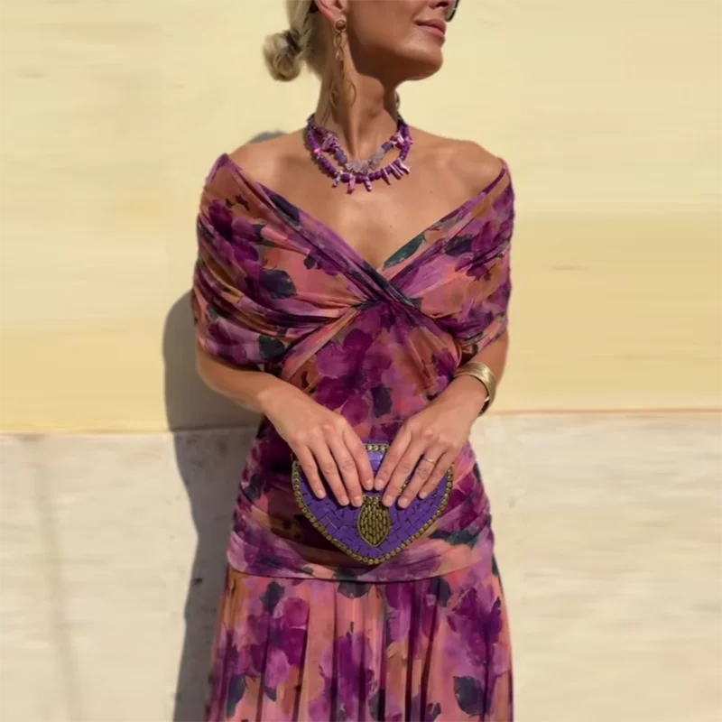 Elegant Woman Clothing Boho Floral Print High Waist Pleated Dress New Low Chest Batwing Sleeve Swing Party Cocktail A-Line Dress