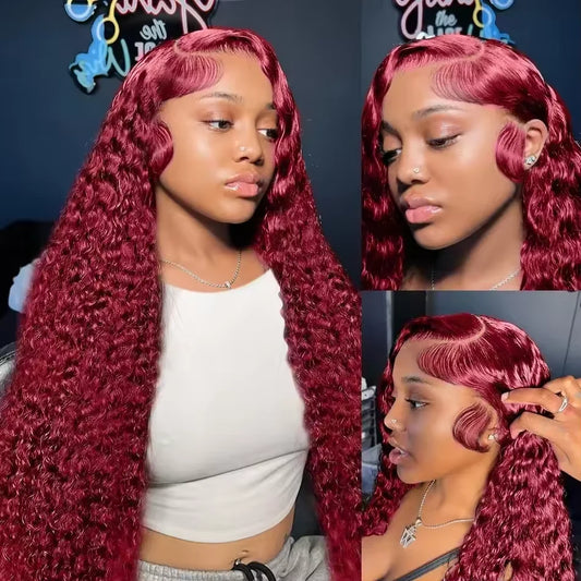 Burgundy Curly 13x6 Hd Lace Frontal Wig Human Hair 100% Brazilian 13x4 Water Deep Wave 99J Red Colored Wig For Women 40 46 Inch