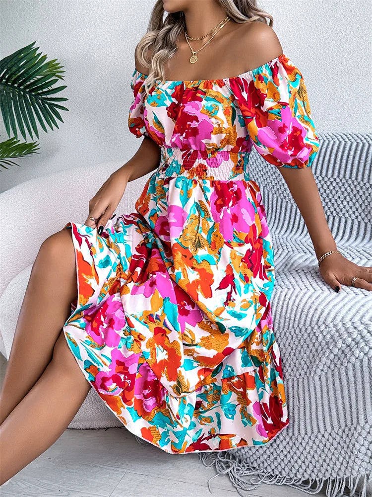 Spring Summer Square Collar Floral Mid-Length Dress Women's Casual Print A-Line Dress