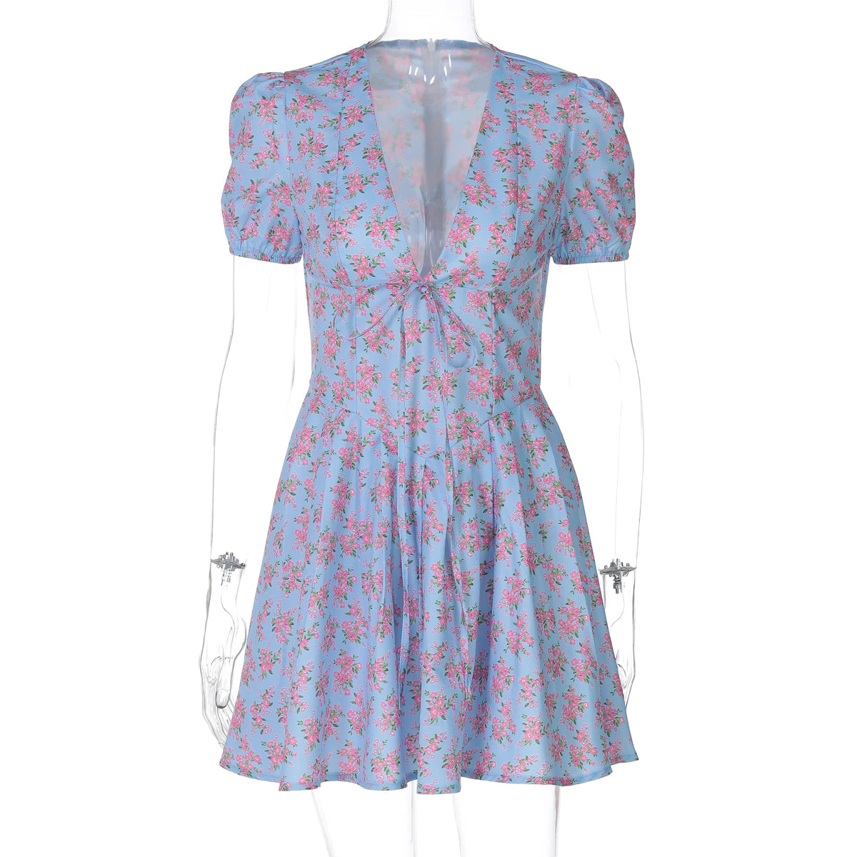 Hugcitar 2025 Floral Print V Neck Short Sleeve Lace Up Zip Up Sexy Slim Pleated Mini Dress Summer Elegant Outfits Party Vacation