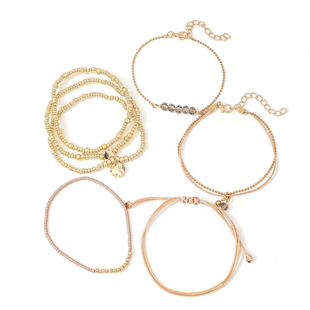 7Pcs/Set Bohemian Style Heart Beads Round Pendant Adjustable String Beads Bracelet CCB Elastic Bracelet Set For Women