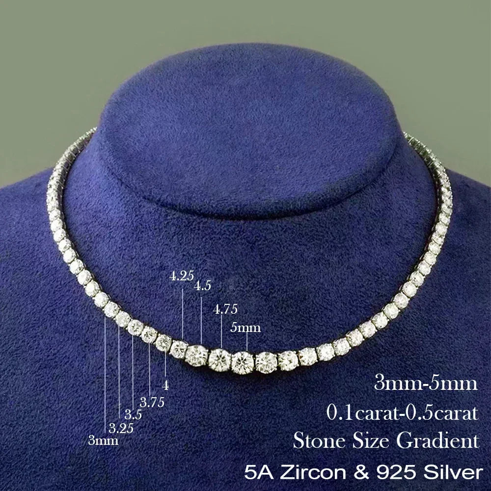3-5mm Size Gradient Full Moissanite Diamond Tennis Necklace with Certificate 100% S925 Silver Choker Riviera Necklace for Women