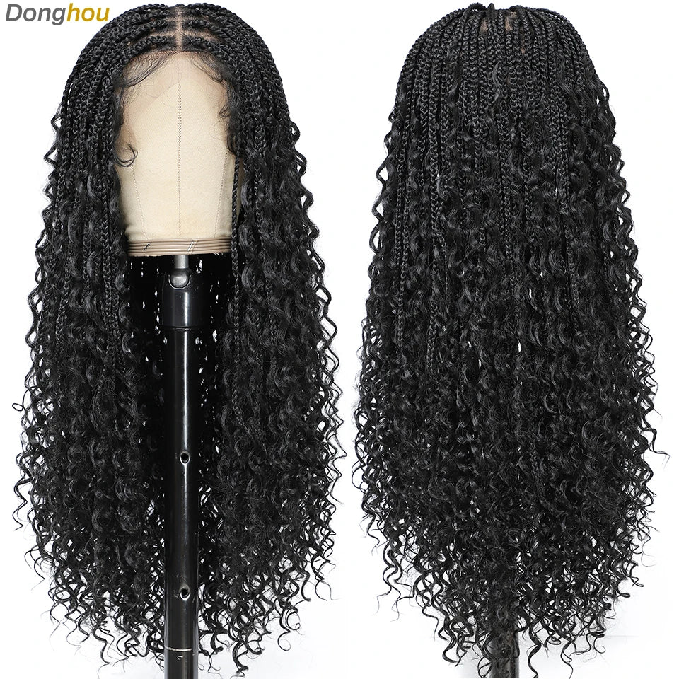 Boho Goddess Box Braid Wig with Baby Hair Lace Front Braided Wigs for Women Brown Hair Synthetic Blended Braids Wig Curly Hair
