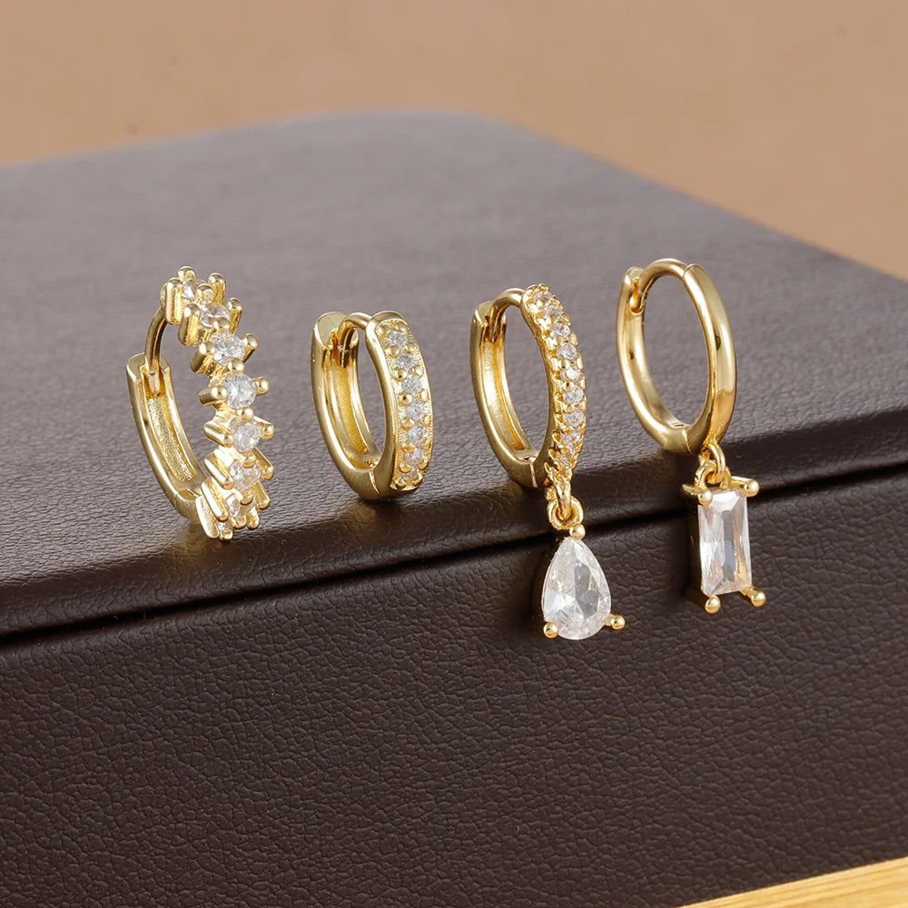 4pcs Korean Stainless Steel Zircon Water Drop Piercing Earrings Set For Women Simple Huggie Square Hoop Earring Fashion Jewelry
