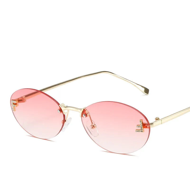 Diamond Letter "F" Rimless Sunglasses Women Luxury Brand Metal Frame Black Small Oval Sun Glasses Unsiex Elegant Shades UV400