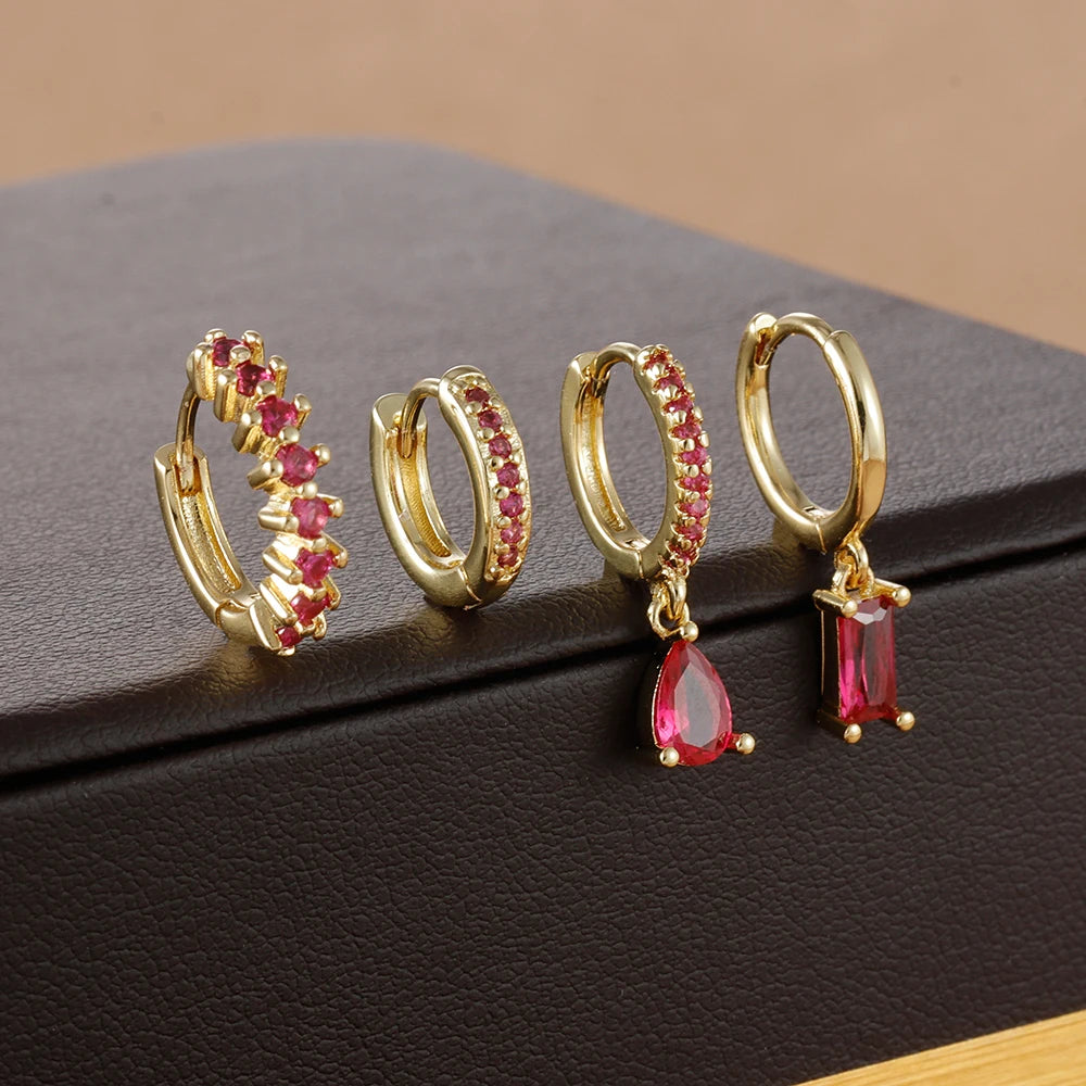 4pcs Korean Stainless Steel Zircon Water Drop Piercing Earrings Set For Women Simple Huggie Square Hoop Earring Fashion Jewelry
