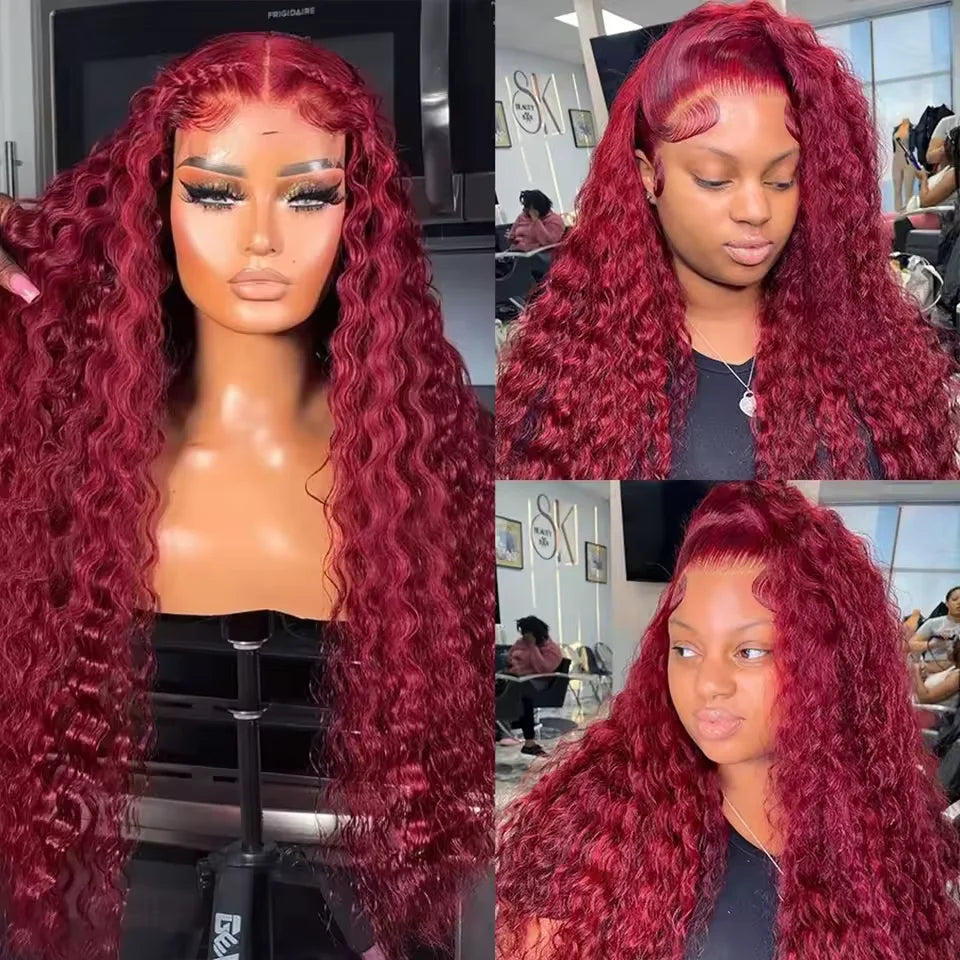 Burgundy Curly 13x6 Hd Lace Frontal Wig Human Hair 100% Brazilian 13x4 Water Deep Wave 99J Red Colored Wig For Women 40 46 Inch